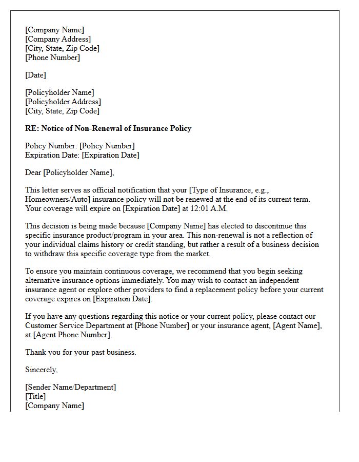 Official Letter of Non-Renewal for Discontinued Insurance Coverage