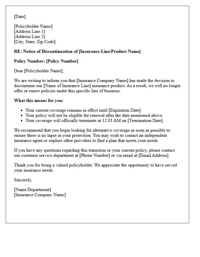 Policyholder Notice of Discontinued Insurance Line Letter
