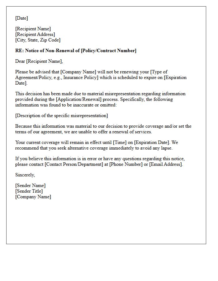 Notice of Non-Renewal Due to Material Misrepresentation Letter