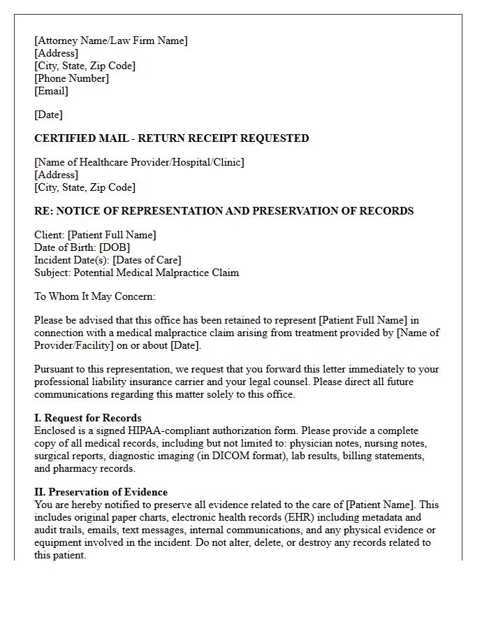 Medical Malpractice Notice of Representation Letter