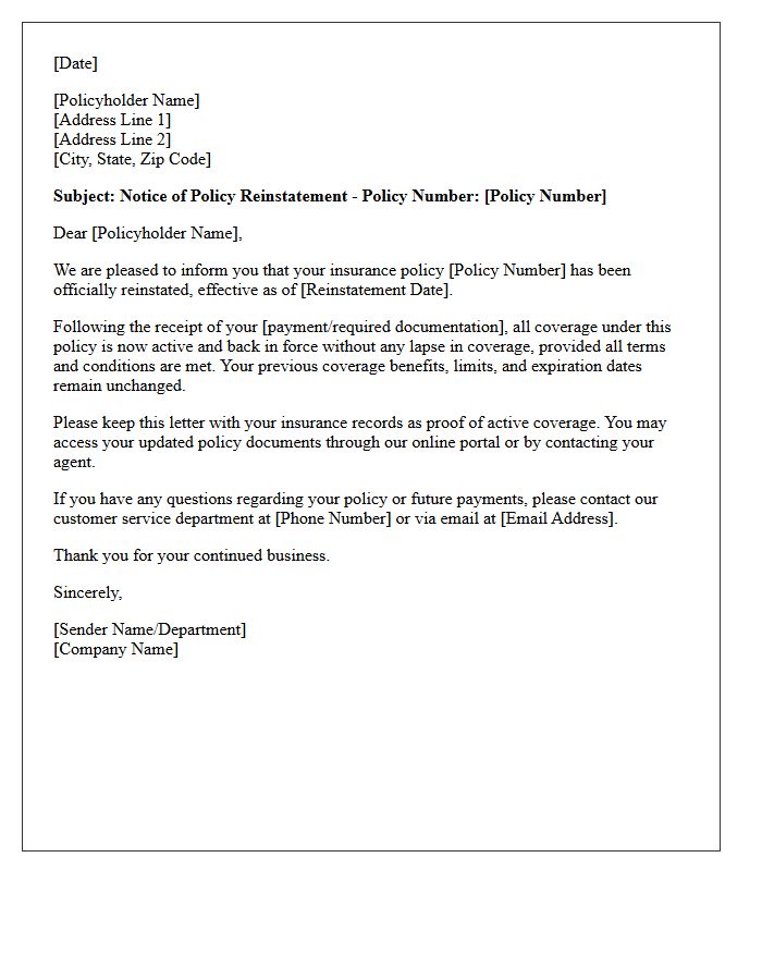 Notice of Policy Reinstatement Letter