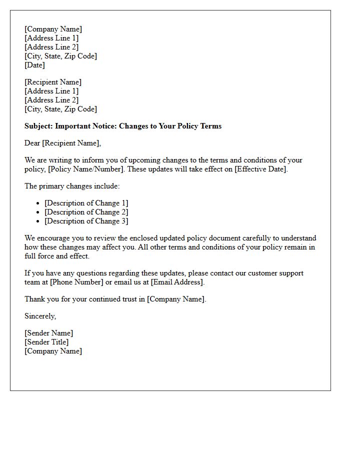 Notice of Change in Policy Terms Letter