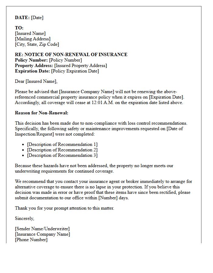 Commercial Property Non-Renewal Letter Due to Loss Control Non-Compliance
