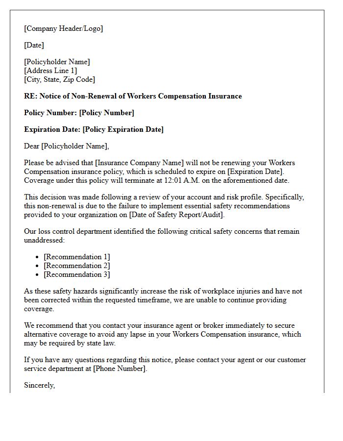 Workers Compensation Policy Non-Renewal Letter for Ignored Safety Recommendations