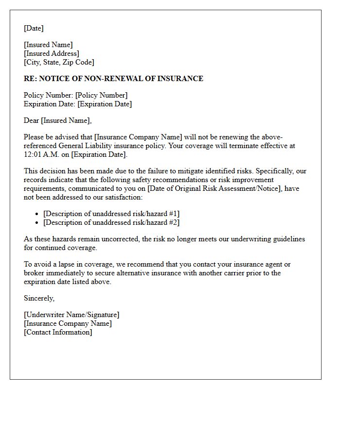 General Liability Non-Renewal Letter Regarding Failure to Mitigate Identified Risks
