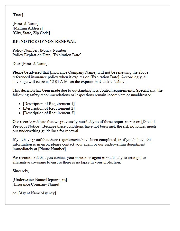 Notice of Policy Non-Renewal Letter for Outstanding Loss Control Requirements