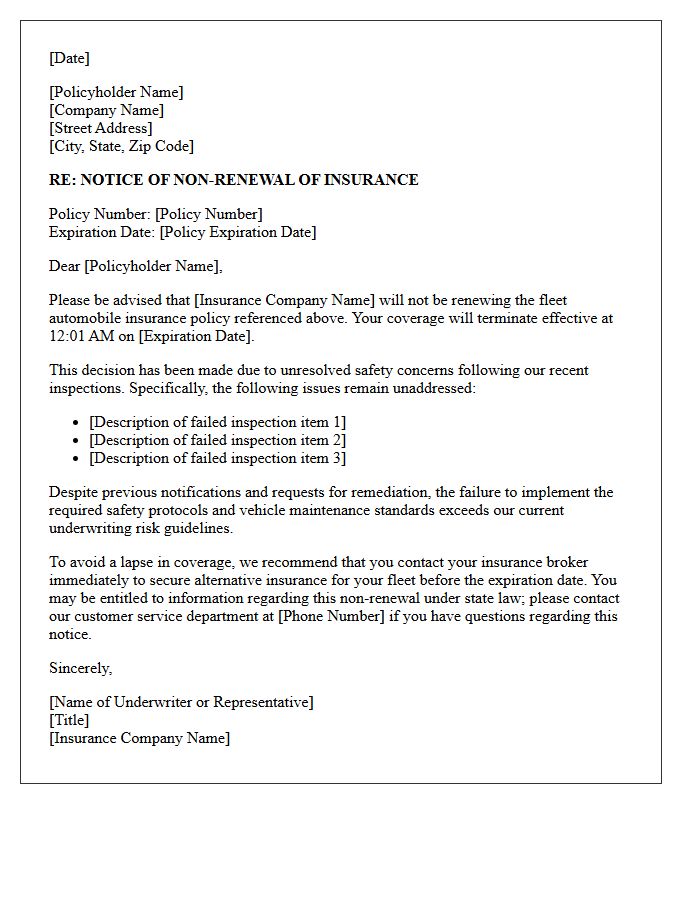 Fleet Auto Insurance Non-Renewal Letter Following Unresolved Safety Inspections