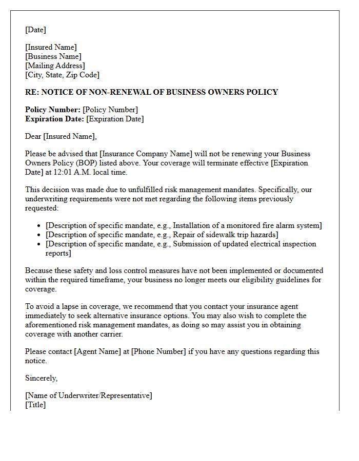 Business Owners Policy Non-Renewal Letter Due to Unfulfilled Risk Management Mandates