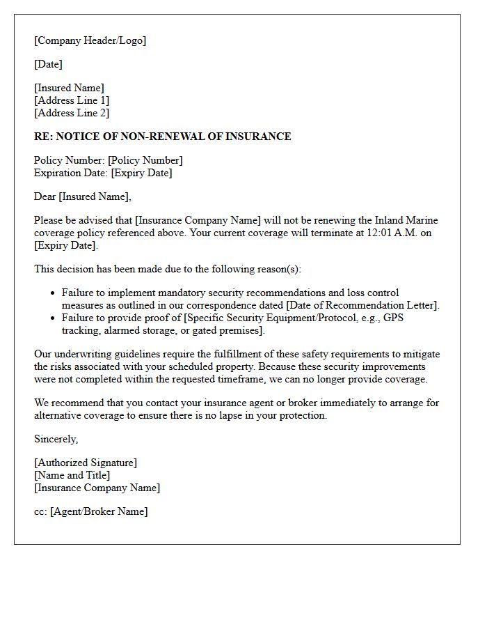 Inland Marine Coverage Non-Renewal Letter for Ignored Security Recommendations