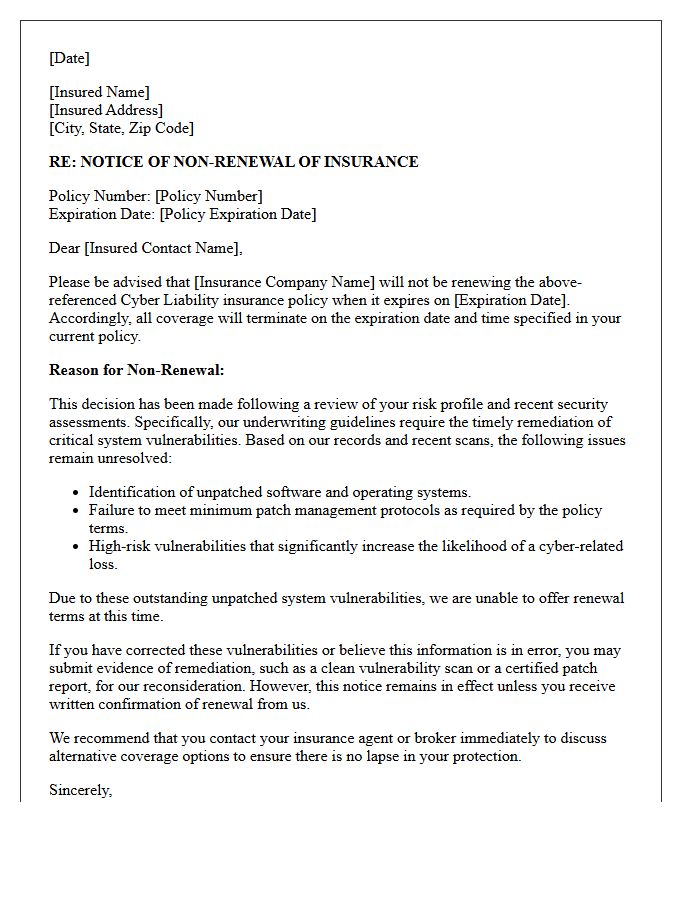 Cyber Liability Non-Renewal Letter Due to Unpatched System Vulnerabilities