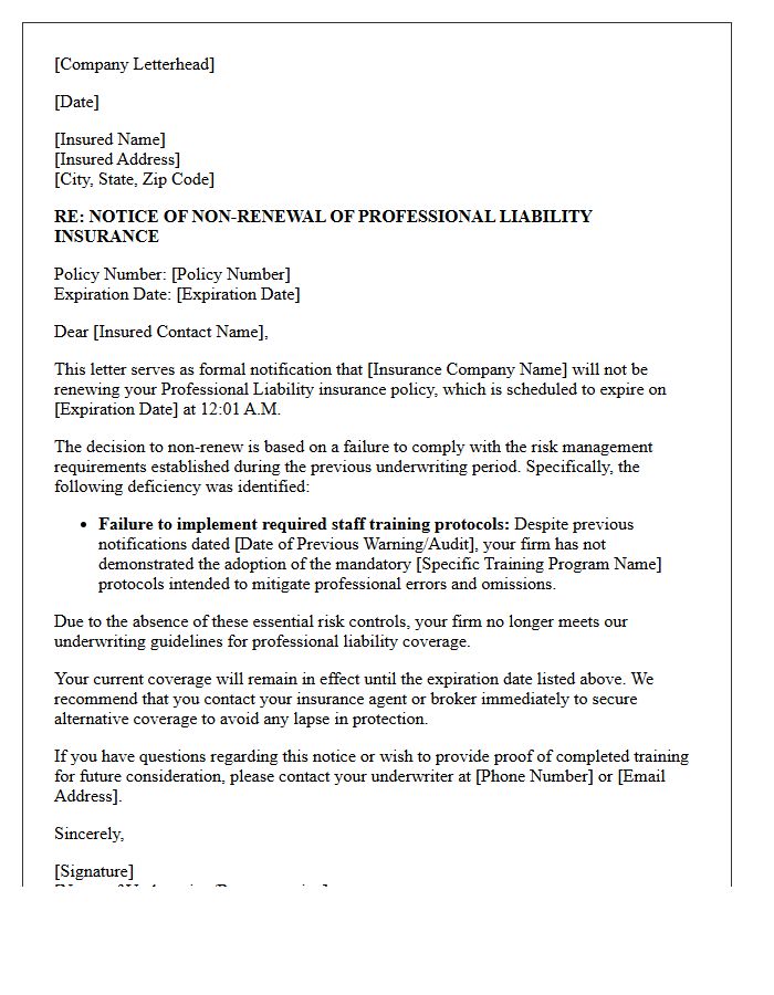 Professional Liability Non-Renewal Letter Regarding Unimplemented Training Protocols
