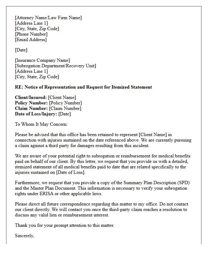 Health Insurance Subrogation Representation Letter