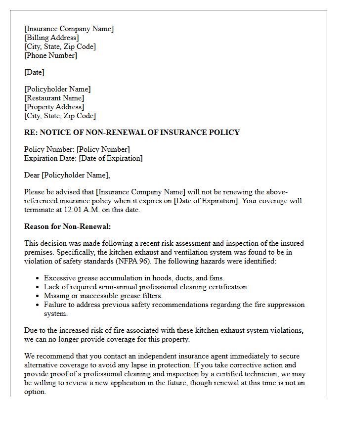Restaurant Insurance Non-Renewal Letter for Kitchen Exhaust System Violations