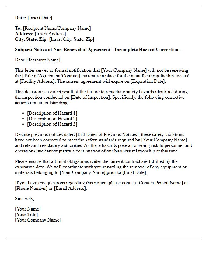 Manufacturing Facility Non-Renewal Letter Regarding Incomplete Hazard Corrections