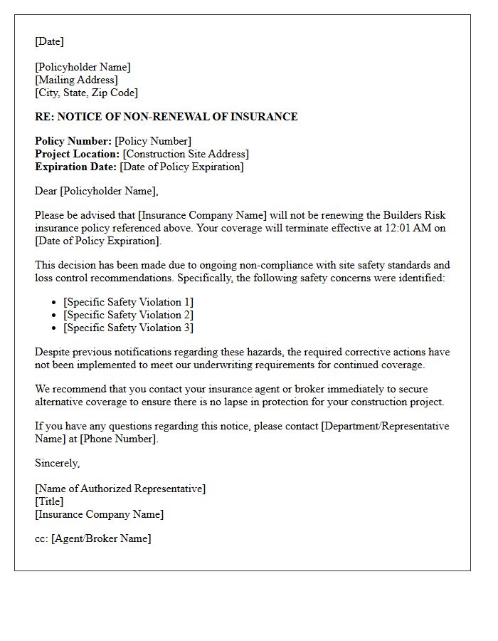 Construction Builders Risk Non-Renewal Letter Due to Site Safety Non-Compliance