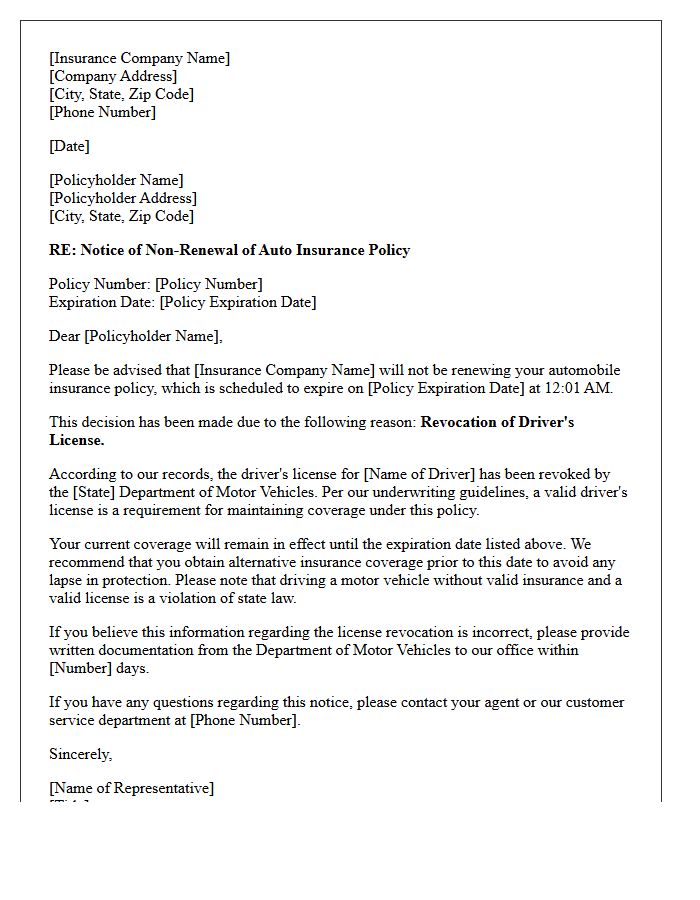 Auto Insurance Non-Renewal Letter for Revoked License