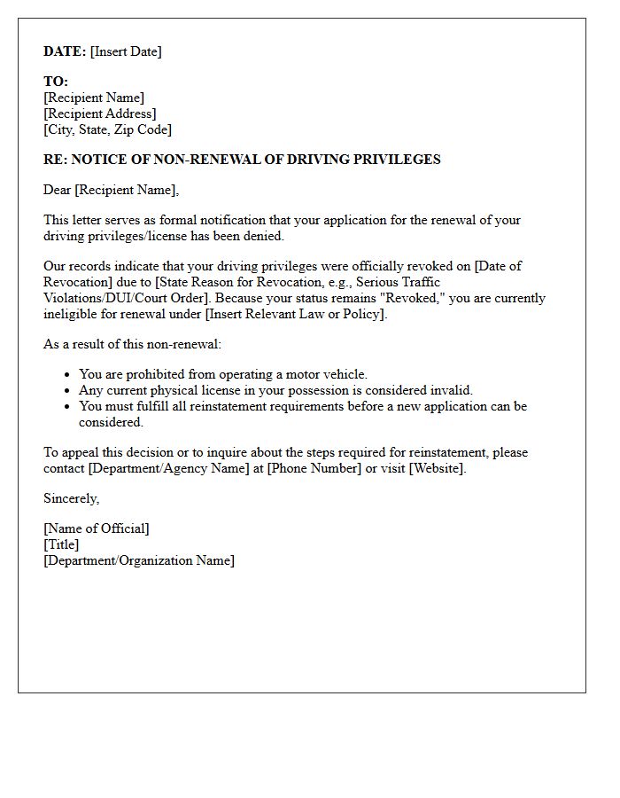 Official Letter of Non-Renewal for Revoked Driving Privileges