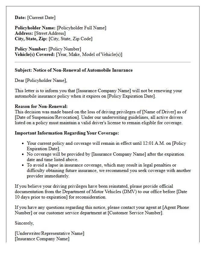 Loss of Driving Privileges Auto Policy Non-Renewal Letter