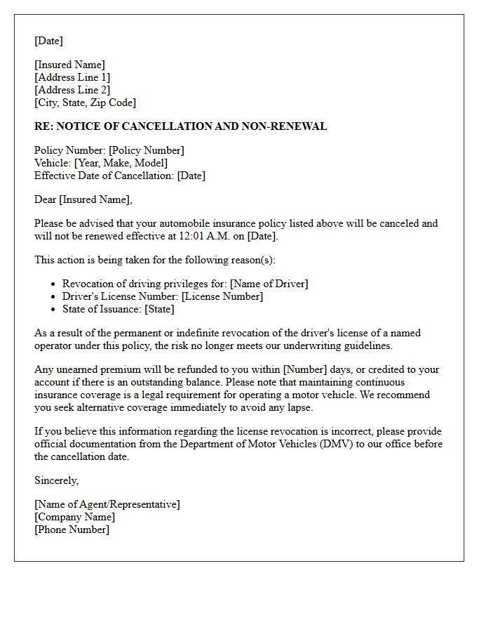 Notice of Cancellation and Non-Renewal Letter for Revoked Drivers