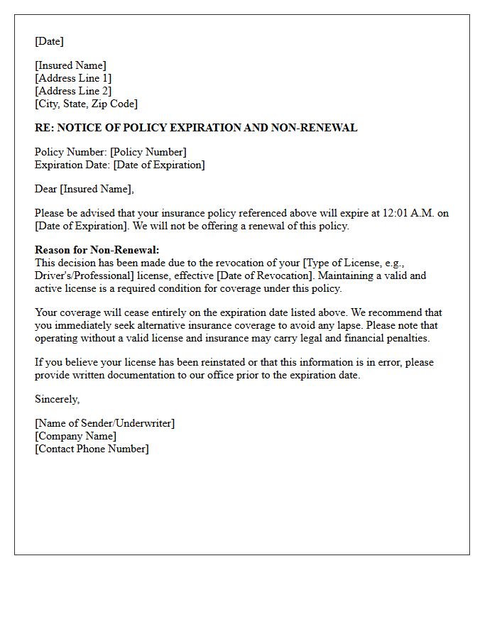 Policy Expiration and Non-Renewal Letter for License Revocation