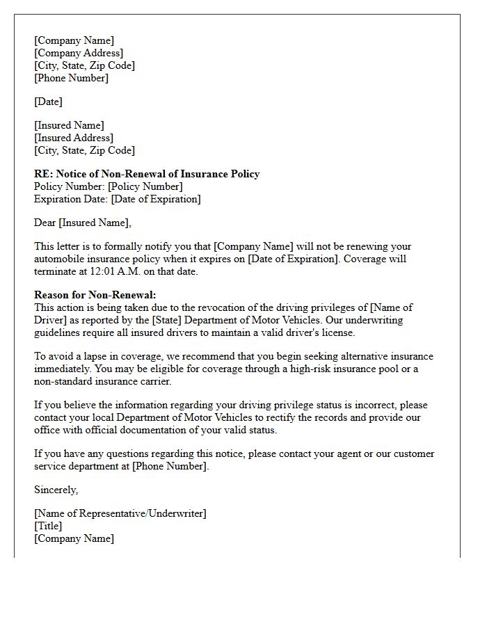 Insured Driving Privilege Revocation Non-Renewal Letter