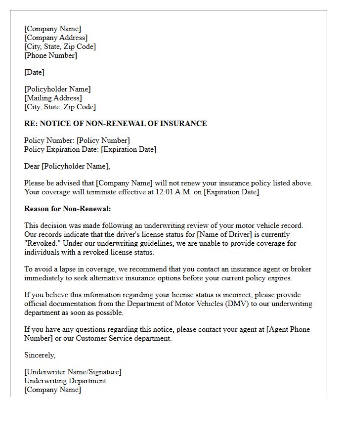 Underwriting Non-Renewal Letter for Revoked License Status