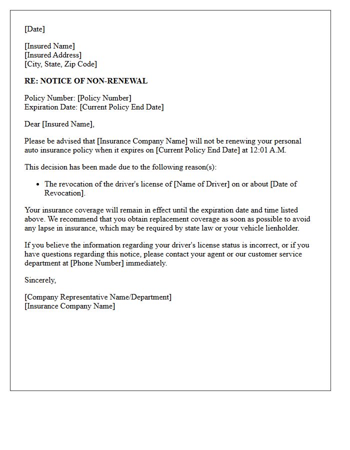 Personal Auto Policy Non-Renewal Letter Due to License Revocation