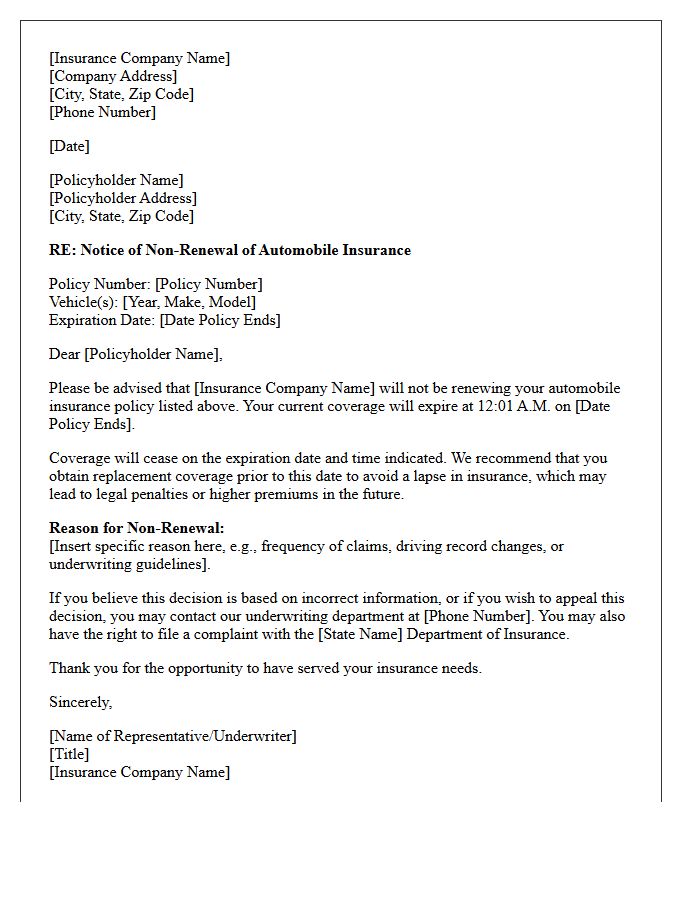 Standard Auto Insurance Non-Renewal Letter
