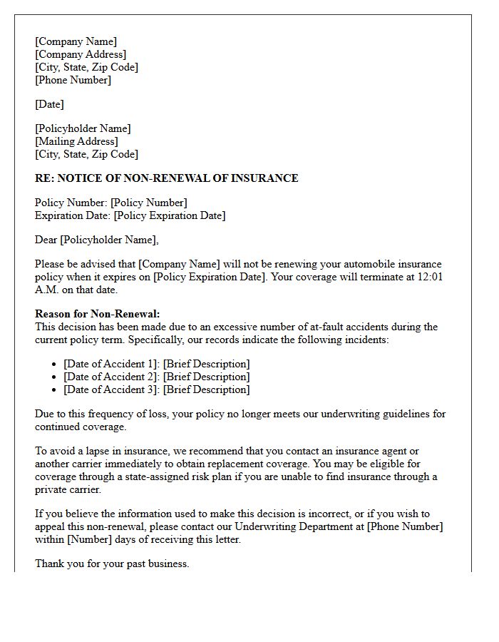 Excessive At-Fault Accidents Non-Renewal Letter