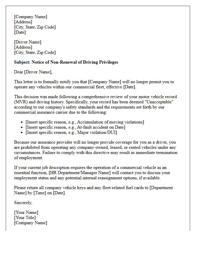 Commercial Fleet Driver Unacceptable Record Non-Renewal Letter