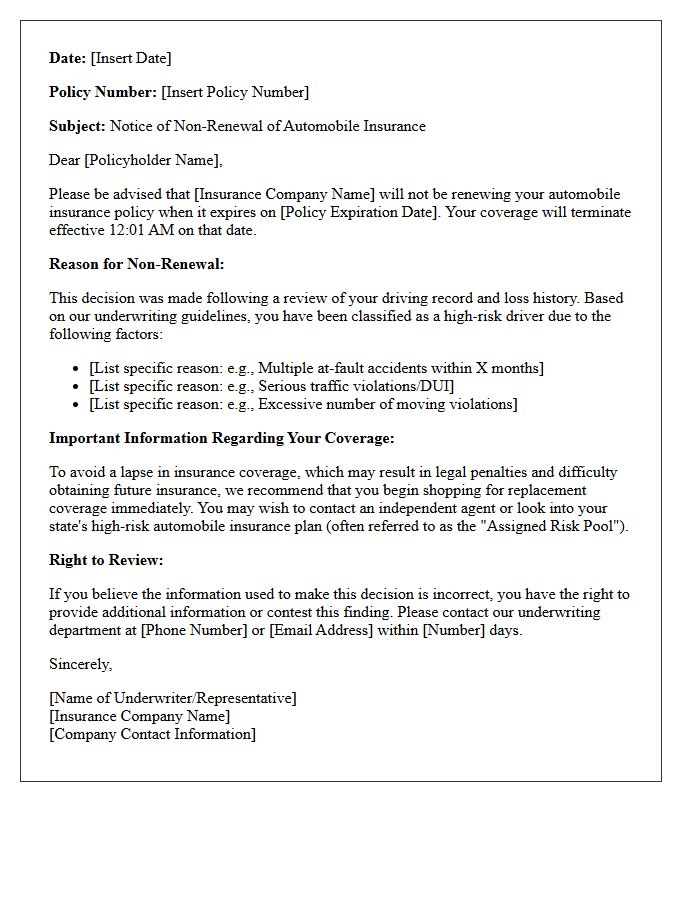 High-Risk Driver Classification Non-Renewal Letter