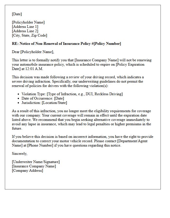 Severe Driving Infraction Non-Renewal Letter