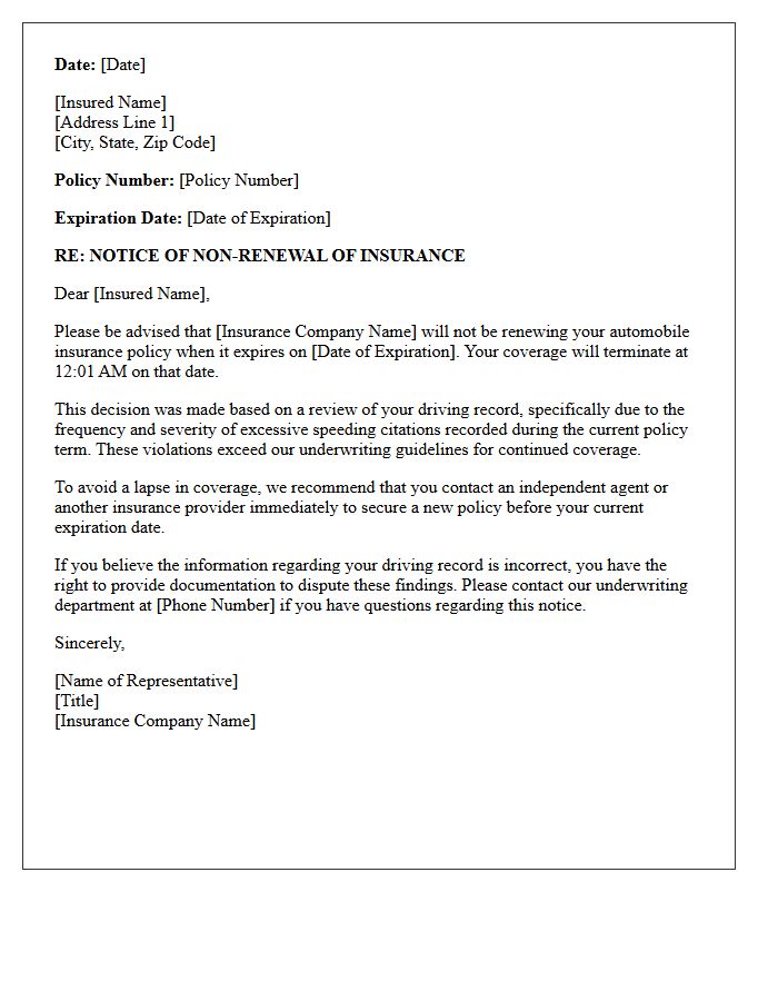 Notice of Non-Renewal Letter Due to Excessive Speeding Citations