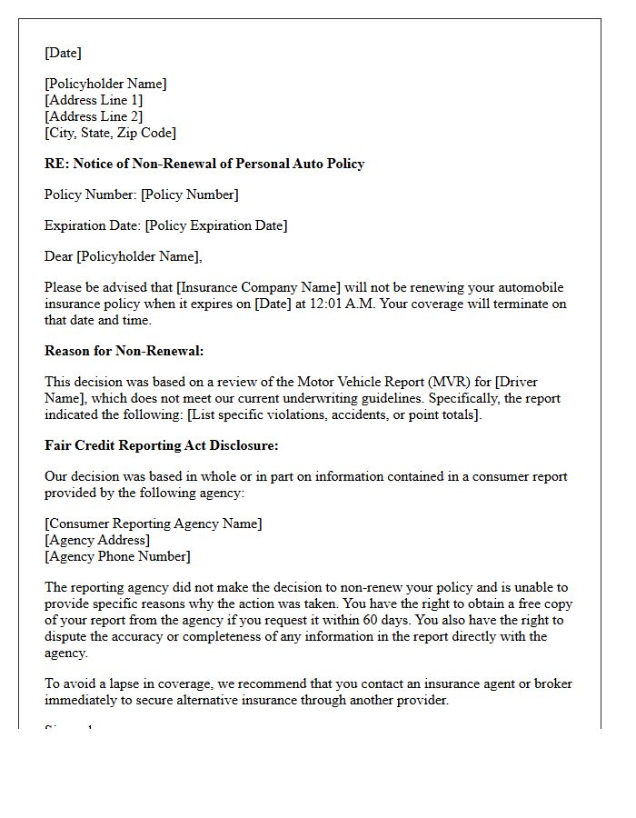 Unacceptable Motor Vehicle Report Non-Renewal Letter
