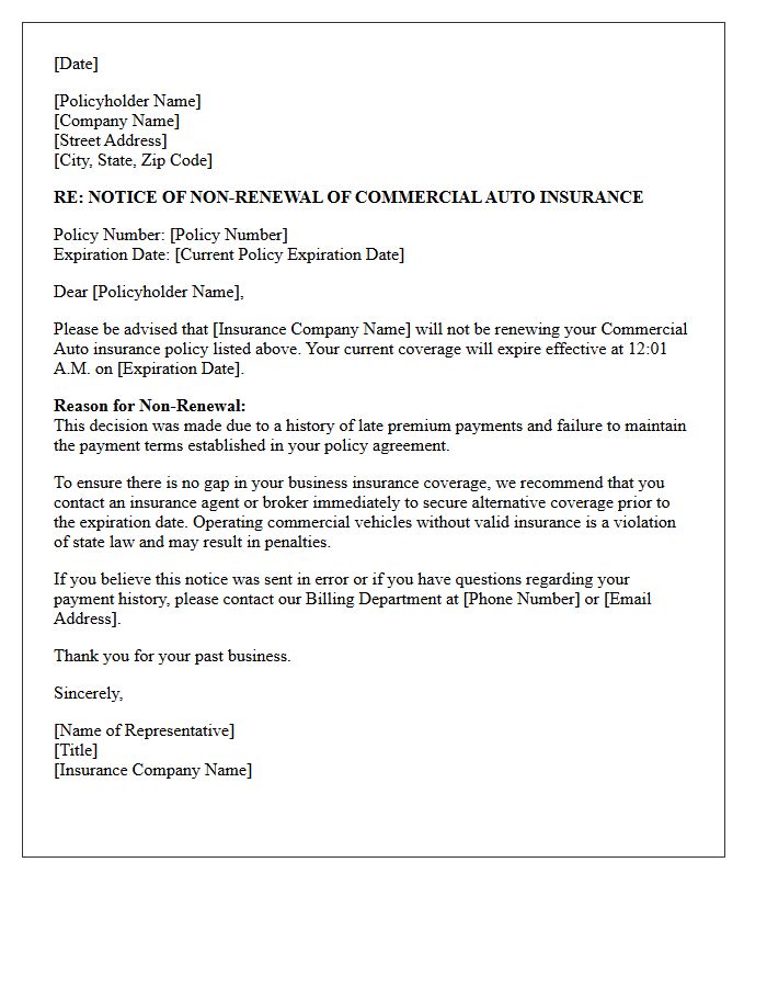 Commercial Auto Insurance Non-Renewal Letter Due to Late Payments
