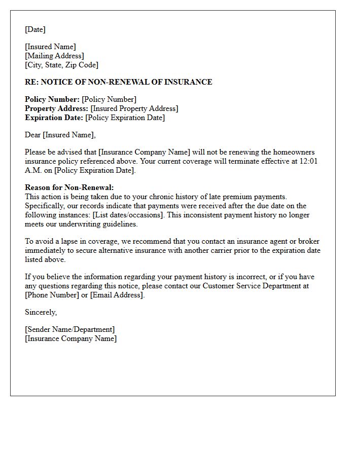 Homeowners Policy Non-Renewal Letter for Chronic Late Payment History