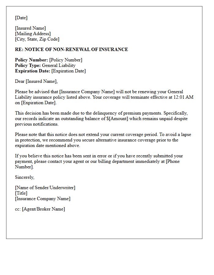 Notice of Non-Renewal Letter for General Liability Premium Delinquency