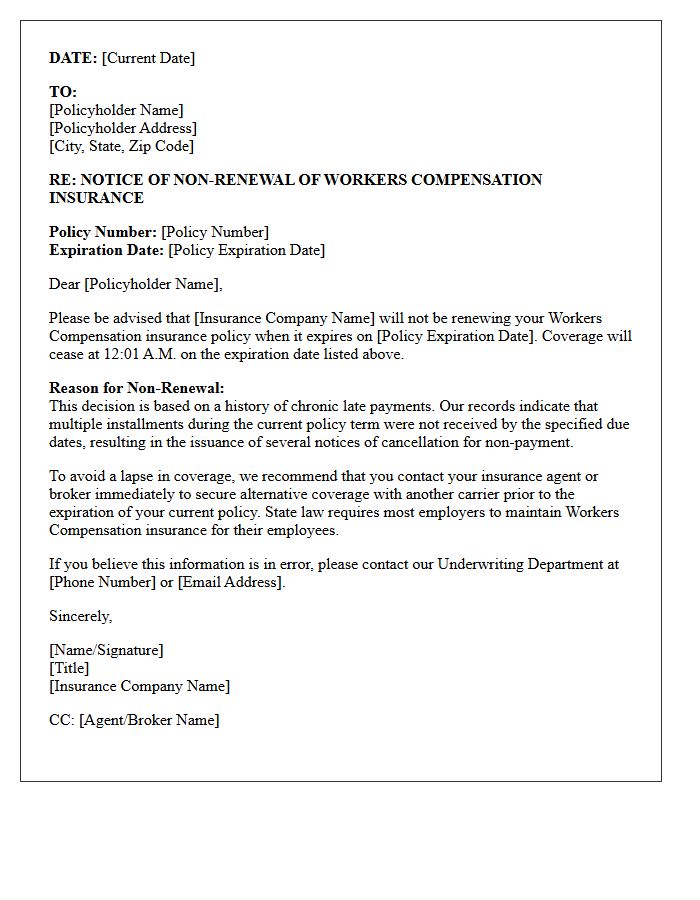 Chronic Late Payment Non-Renewal Letter for Workers Compensation Policy