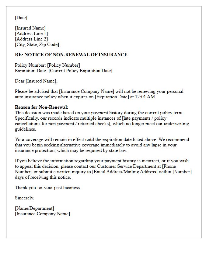 Personal Auto Insurance Policy Non-Renewal Letter for Payment History