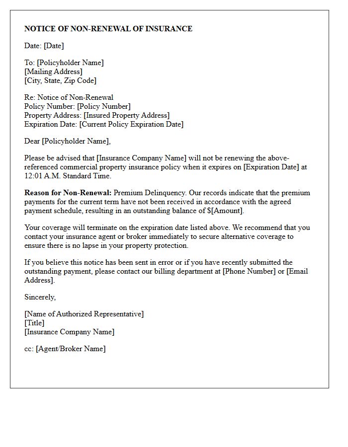 Commercial Property Insurance Non-Renewal Letter Due to Premium Delinquency