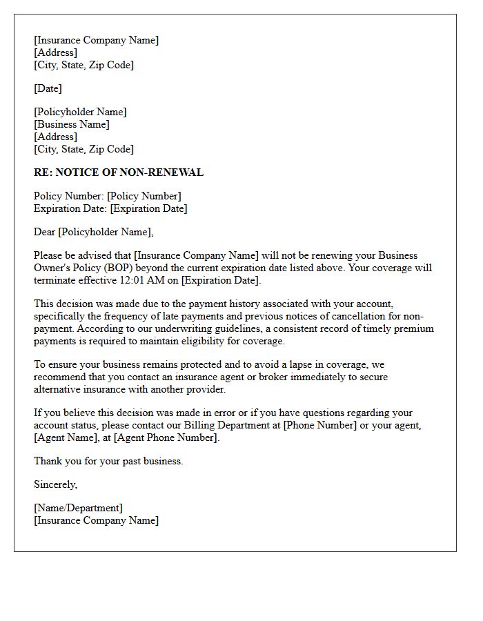 Business Owner Policy Non-Renewal Letter for Chronic Late Payments