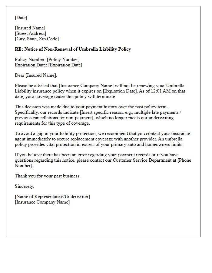 Umbrella Policy Non-Renewal Letter Due to Unfavorable Payment History