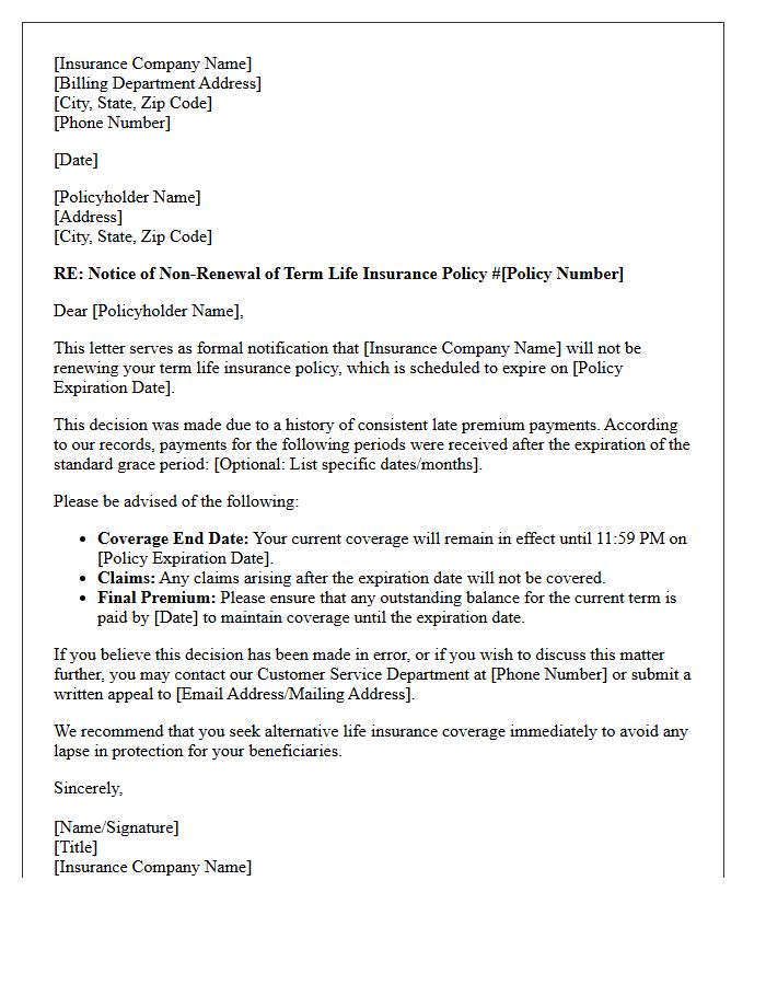 Term Life Insurance Non-Renewal Letter for Consistent Late Payments