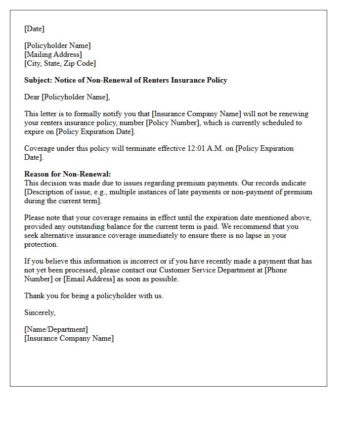Renters Insurance Policy Non-Renewal Letter for Premium Payment Issues