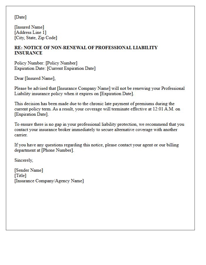 Professional Liability Non-Renewal Letter Due to Chronic Late Payments