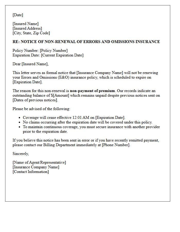 Errors and Omissions Policy Non-Renewal Letter for Delinquent Payments