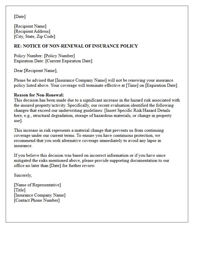 Notice of Non-Renewal Letter Due to Significant Hazard Risk Increase