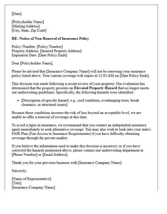 Insurance Policy Non-Renewal Letter for Elevated Property Hazard