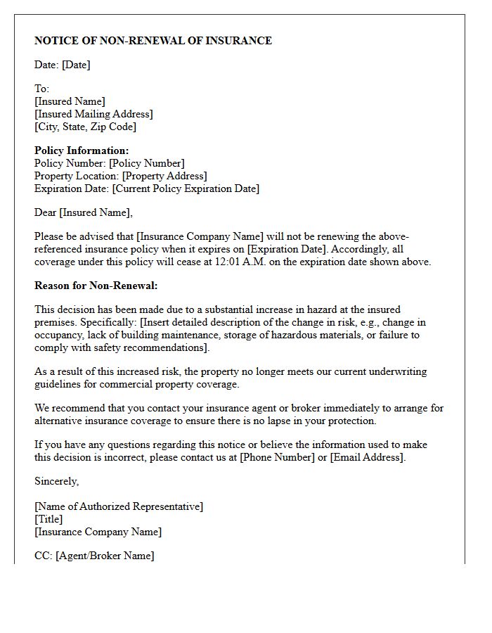 Commercial Property Increased Hazard Non-Renewal Letter
