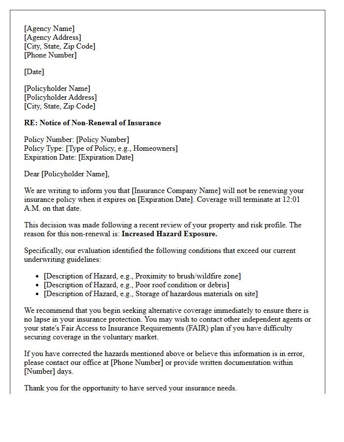 Insurance Agency Letter for Policy Non-Renewal Based on Hazard Exposure